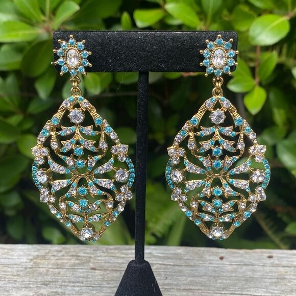 Gold & Blue Sparkly Rhinestone Dangle Statement Post Earrings Date Night Party - Picture 1 of 4